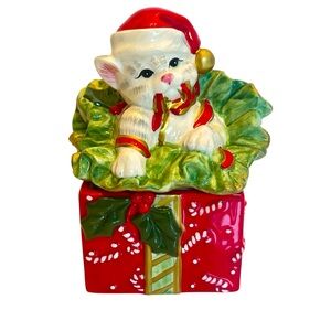 Vintage Retired Red/Green 2-Piece Playful Kitty Holiday Candy Dish by Fitz&Floyd